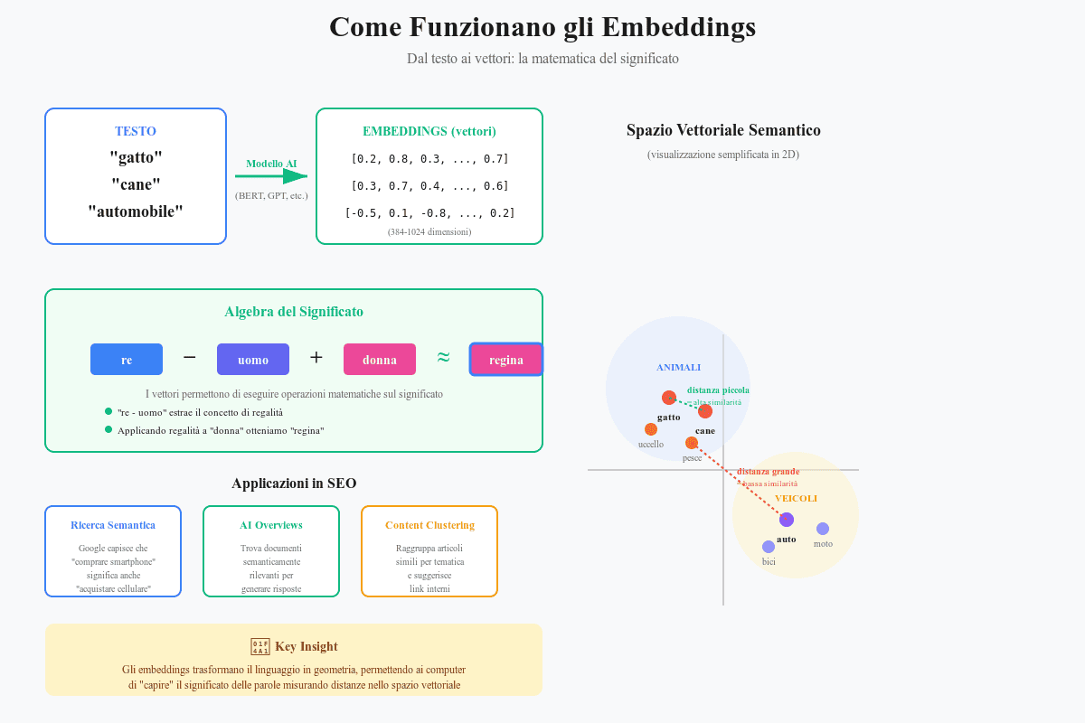Gli embeddings sono rappresentazioni matematiche che trasformano parole, frasi o interi documenti in vettori numerici multidimensionali.